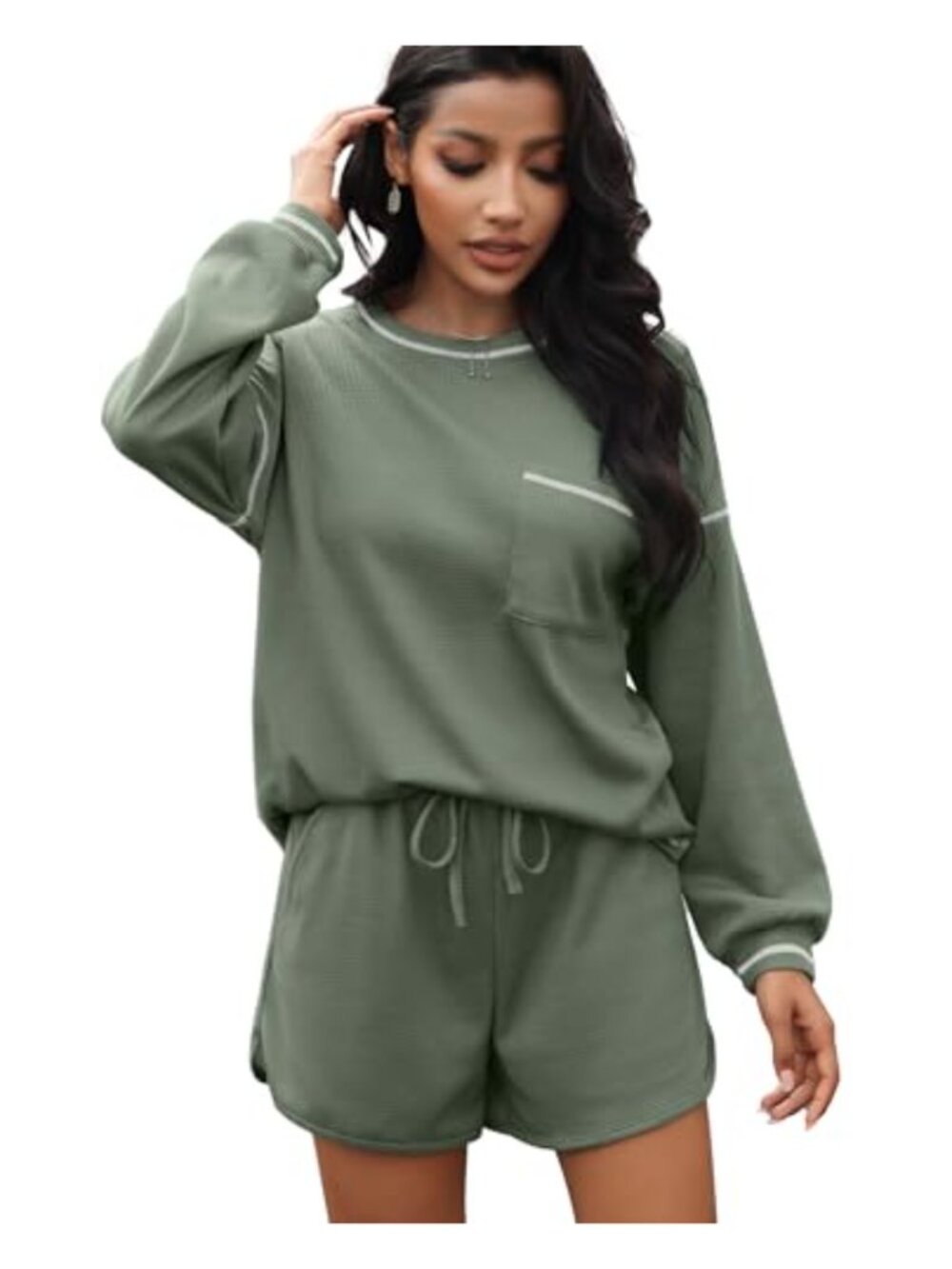 Women's 2 Piece Waffle Knit Lounge Set Short Sleeve Top & Drawstring Shorts